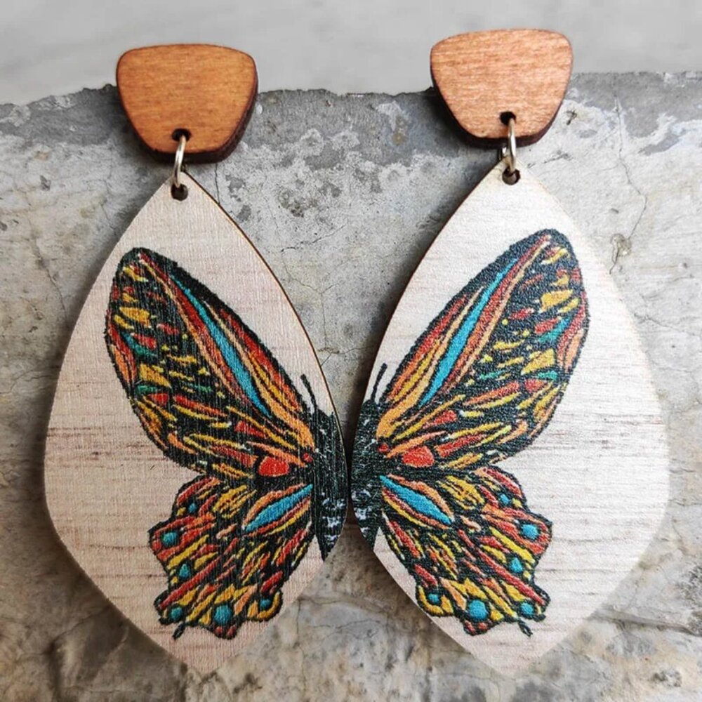NEW Marisol Colorful Butterfly Boho Wooden Drop Earrings - Picture 1 of 2